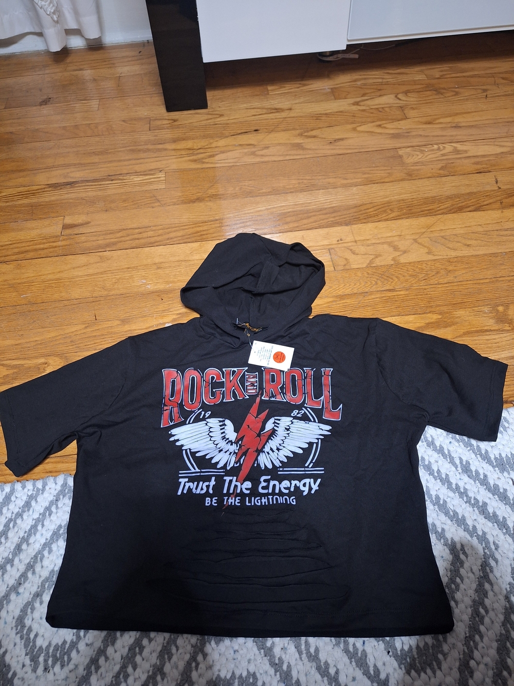 Black 'Rock N Roll' Graphic Hoodie Tee with Lightning Wing Print